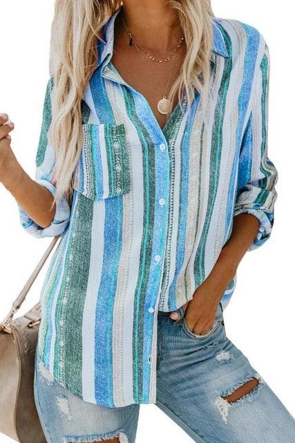 Nice Women Shirt - Striped Button Down Top Blouse - Pockets Stripe - Long Sleeve Casual Streetwear (2U19)