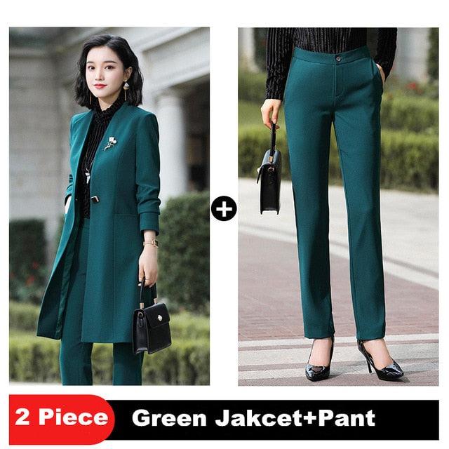 Women Pant Suit - Elegant V Neck Long Jacket Pant - 2 Piece Suit (D20)(TB5)