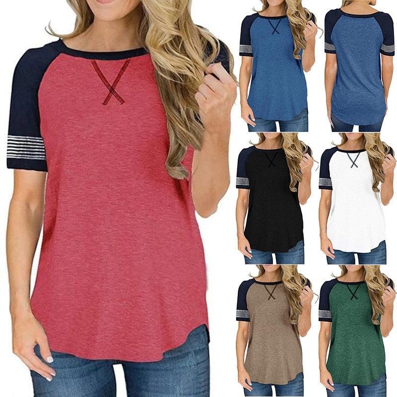 Beautiful Women Summer O-Neck Short Sleeve Thin T shirts - Lady Loose Splice Stripe - Plus Size Embroidery Pattern Tops (TB2)(F19)