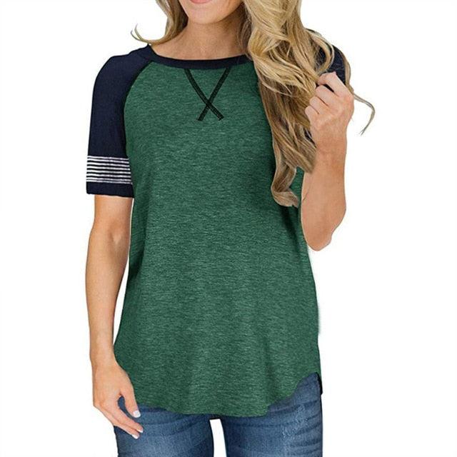 Beautiful Women Summer O-Neck Short Sleeve Thin T shirts - Lady Loose Splice Stripe - Plus Size Embroidery Pattern Tops (TB2)(F19)