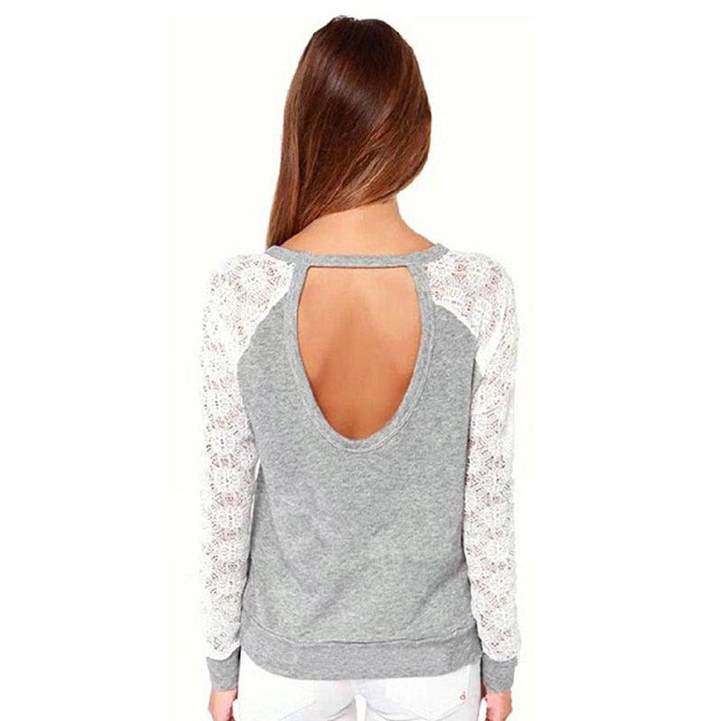 Amazing Women Summer Spring Autumn Fashion T Shirt - Lace Sleeves Patchwork Hoodies Backless Tops (TB2)