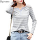 Women T-Shirt - Cotton Short Long Sleeve Lady T Shirt - Striped Summer, Spring, Autumn Female Fashion Top - Plus Size (TB2)