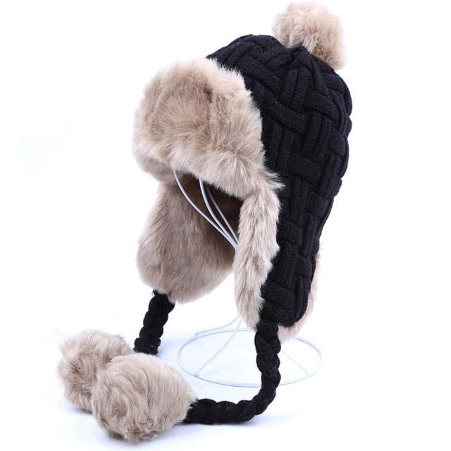 Women's Trapper Hats - Winter Warm Faux Fox Fur Bomber Beanies - Wool Knit Earflaps (WH7)(F87)