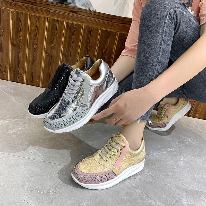 Gorgeous Fashion Snake Print Sneakers - Glitter Crystal Casual Shoes - Big Size (3U41)(3U12)