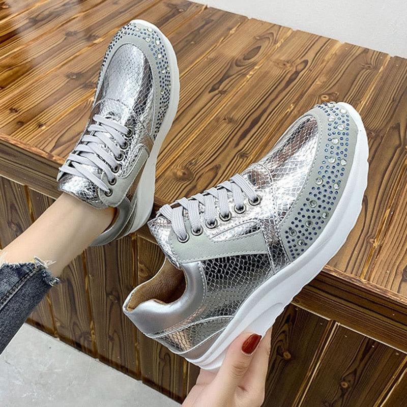 Gorgeous Fashion Snake Print Sneakers - Glitter Crystal Casual Shoes - Big Size (3U41)(3U12)