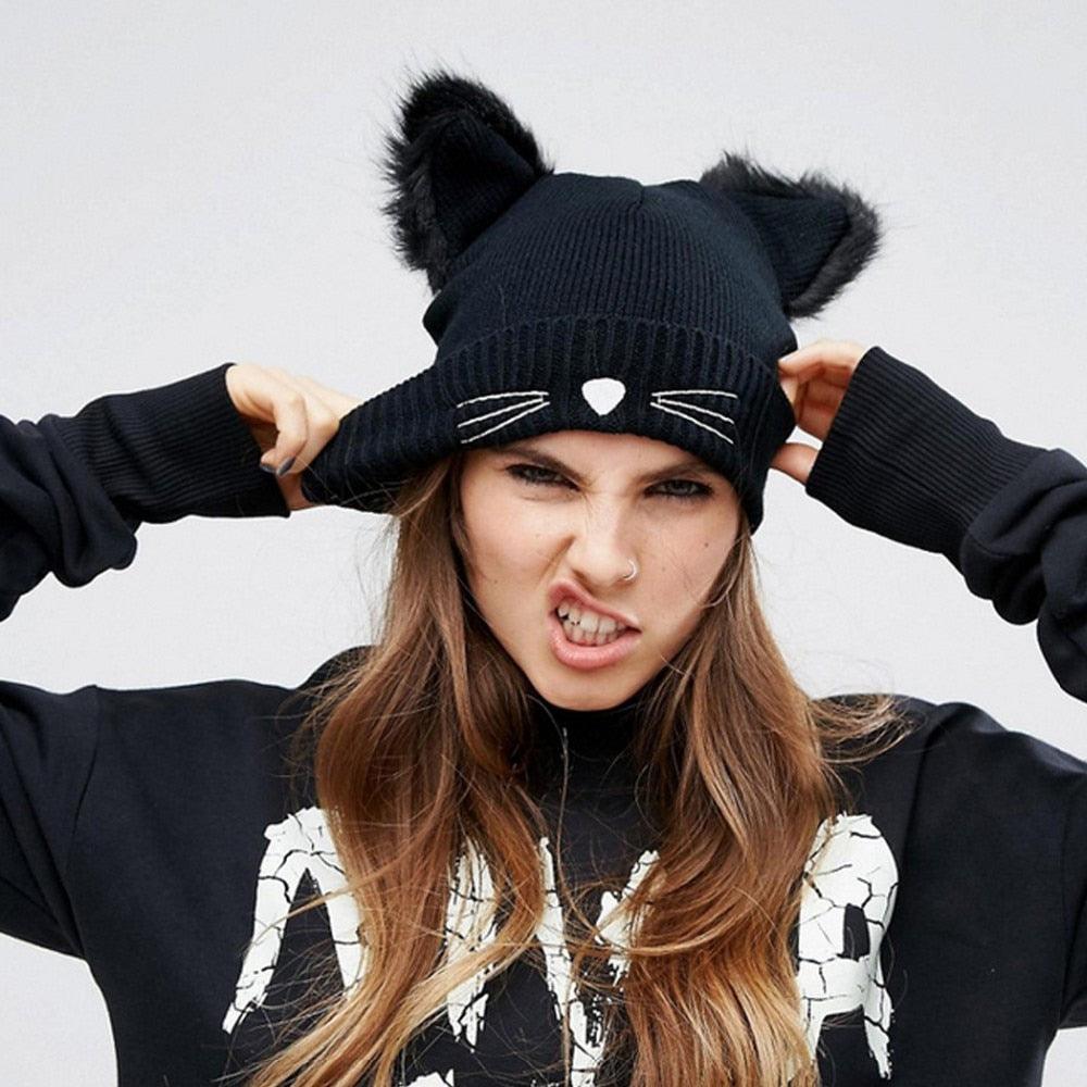 Women Winter Knitting Wool Cute Cat Shape Beanie - Warm Winter Wool Knit Ski Beanie (2U87)