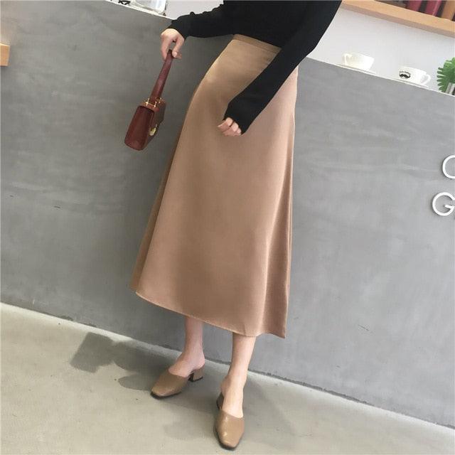 Women elegant Skirt - Ladies Glossy Satin Skirt - Plain Shiny Fashion Party Office Skirts (TB7)(TP6)