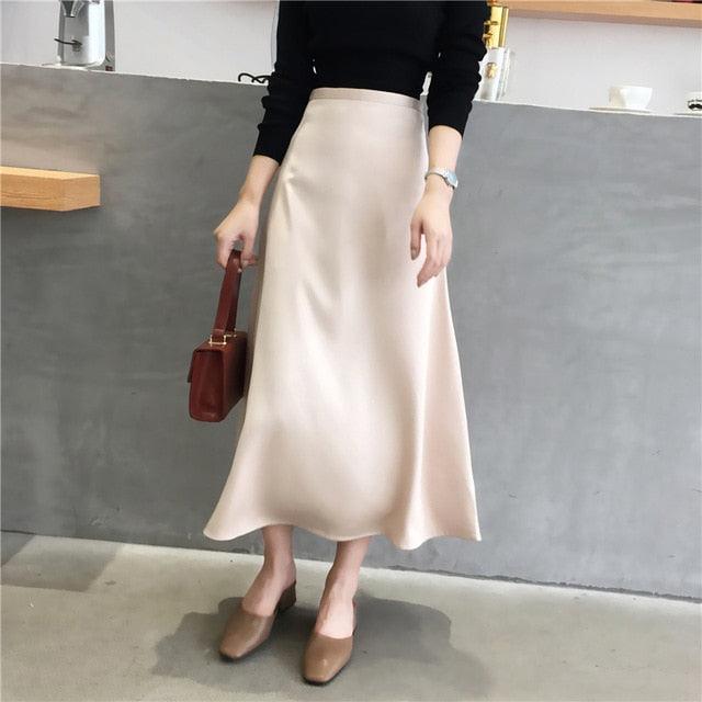 Women elegant Skirt - Ladies Glossy Satin Skirt - Plain Shiny Fashion Party Office Skirts (TB7)(TP6)