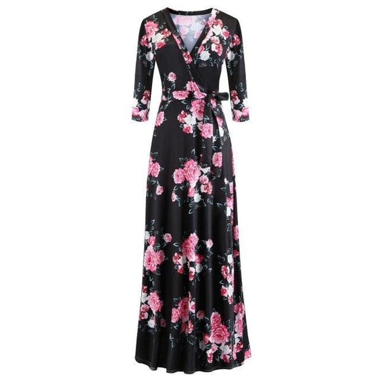 Gorgeous Elegant Women's 5XL Maxi Dresses - Vintage Flowers Print - Plus Size - Sexy Deep V Neck Dress (2U30)