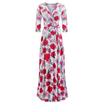 Gorgeous Elegant Women's 5XL Maxi Dresses - Vintage Flowers Print - Plus Size - Sexy Deep V Neck Dress (2U30)