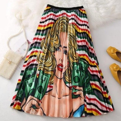 Amazing Women's Cartoon Print Pleated Skirt - High Waist Slim Skirts - Young Girl Summer Clothes (3U22)