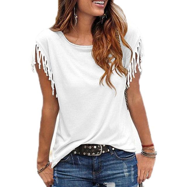 Women's Clothing Cotton Tassel Casual T Shirt - Sleeveless Solid Color Short Sleeve O-neck Tops - Plus Size 5XL 8 (TB2)(TB3)