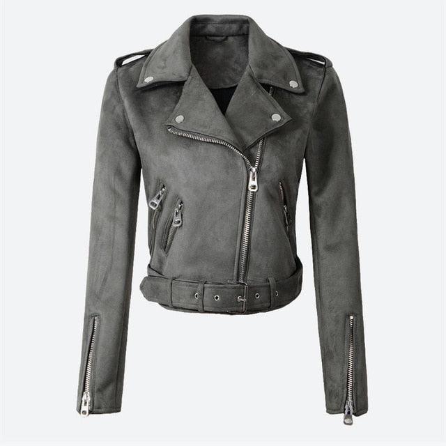 Women's Faux PU Leather Suede Short Jacket - Zipper Women Motorcycle Coat - Fashion Biker Jackets (D23)(TB8B)