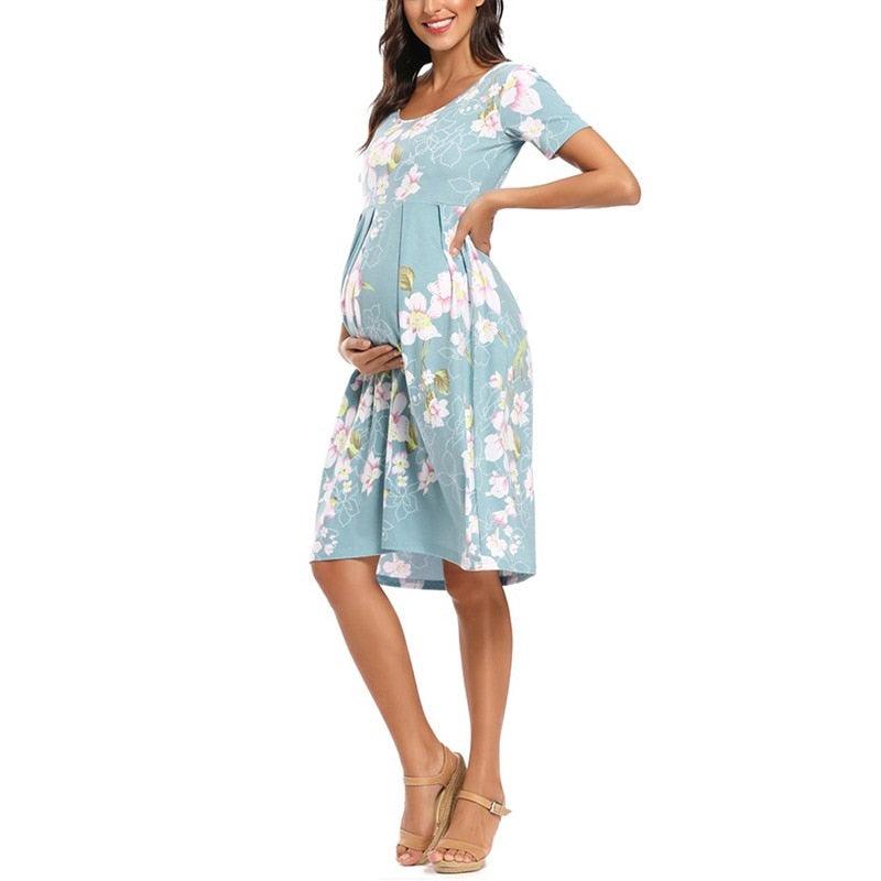 Women's Floral Short Sleeve Loose Maternity Dresses - Summer Casual Soft Waist Pleated Print Knee Length Dress (5Z1)(2Z1)(7Z1)(Z7)(Z9)