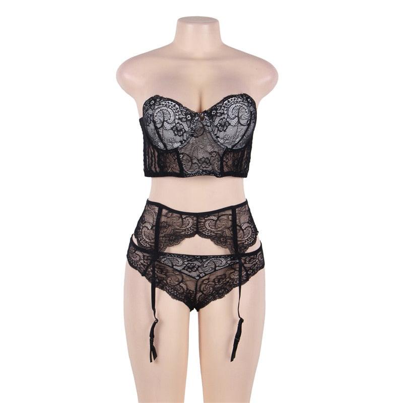 3PC Embroidered Lace Gartered & Open Cup Bra Set