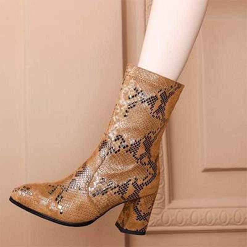 Women's Mid-Calf Boots - Snakeskin Pattern Boots - Ladies Pointed Toe (3U38)(3U107)(3U36)(3U42)