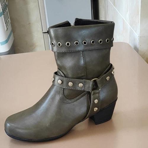 Women's Retro Ankle Boot - Autumn Winter PU Leather Rivet Pump (2U38)(2U107)(2U36)