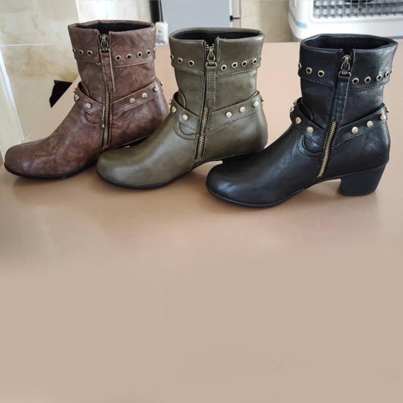 Women's Retro Ankle Boot - Autumn Winter PU Leather Rivet Pump (2U38)(2U107)(2U36)