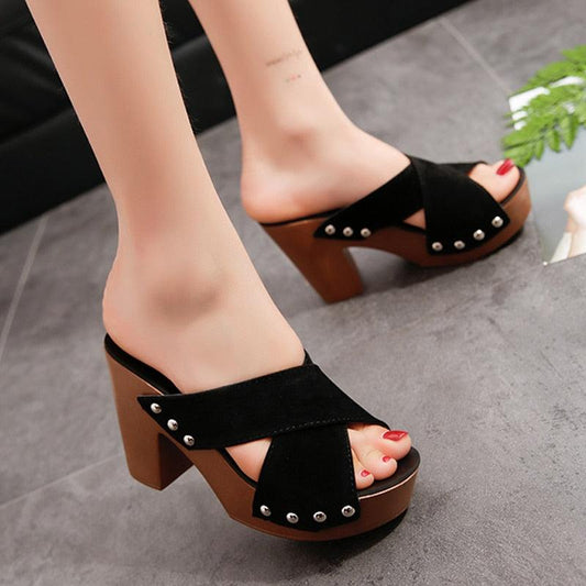 Beautiful Women's Sandals - Platform Flock Casual Rivet Slides Square Heels (1U39)(1U36)(1U37)