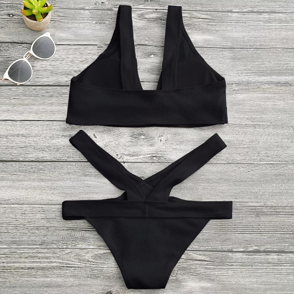 Women's Sexy Low Neck Bikini Suits - High Waist Cross Up Bandage Swimwear - Two Piece Padded Bathing Suit (1U26)