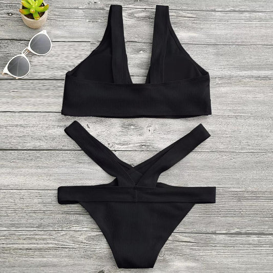 Women's Sexy Low Neck Bikini Suits - High Waist Cross Up Bandage Swimwear - Two Piece Padded Bathing Suit (1U26)