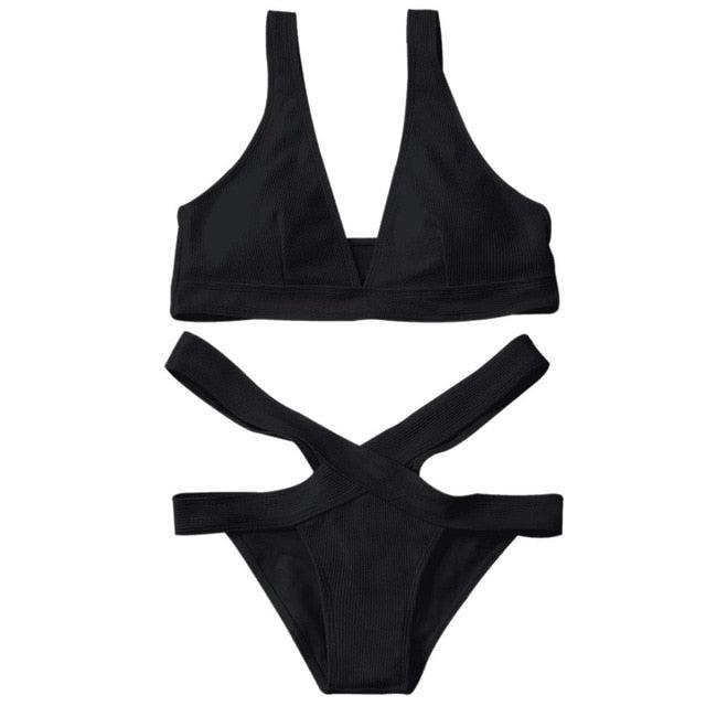 Women's Sexy Low Neck Bikini Suits - High Waist Cross Up Bandage Swimwear - Two Piece Padded Bathing Suit (1U26)