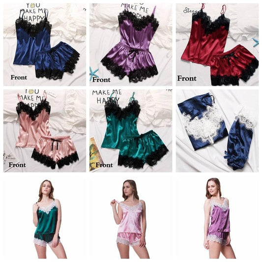 Chic Women Pajama Sets - Female V Neck Sleeveless Satin Top Cami Lace + Shorts PJ Set (ZP1)