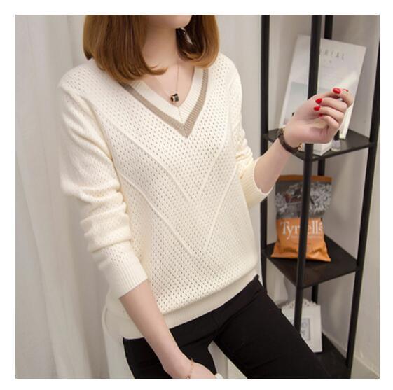 Chic Women's V-neck Sweater - Head Loose - New Fashion Long Sleeved Knit Women's Top (TB8C)(F23)
