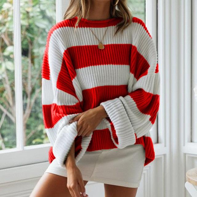 Women's Winter Sweater - Stripes Pullover Long Sleeve O-Neck Curling Loose Ladies Sweaters (D23)(TB8C)