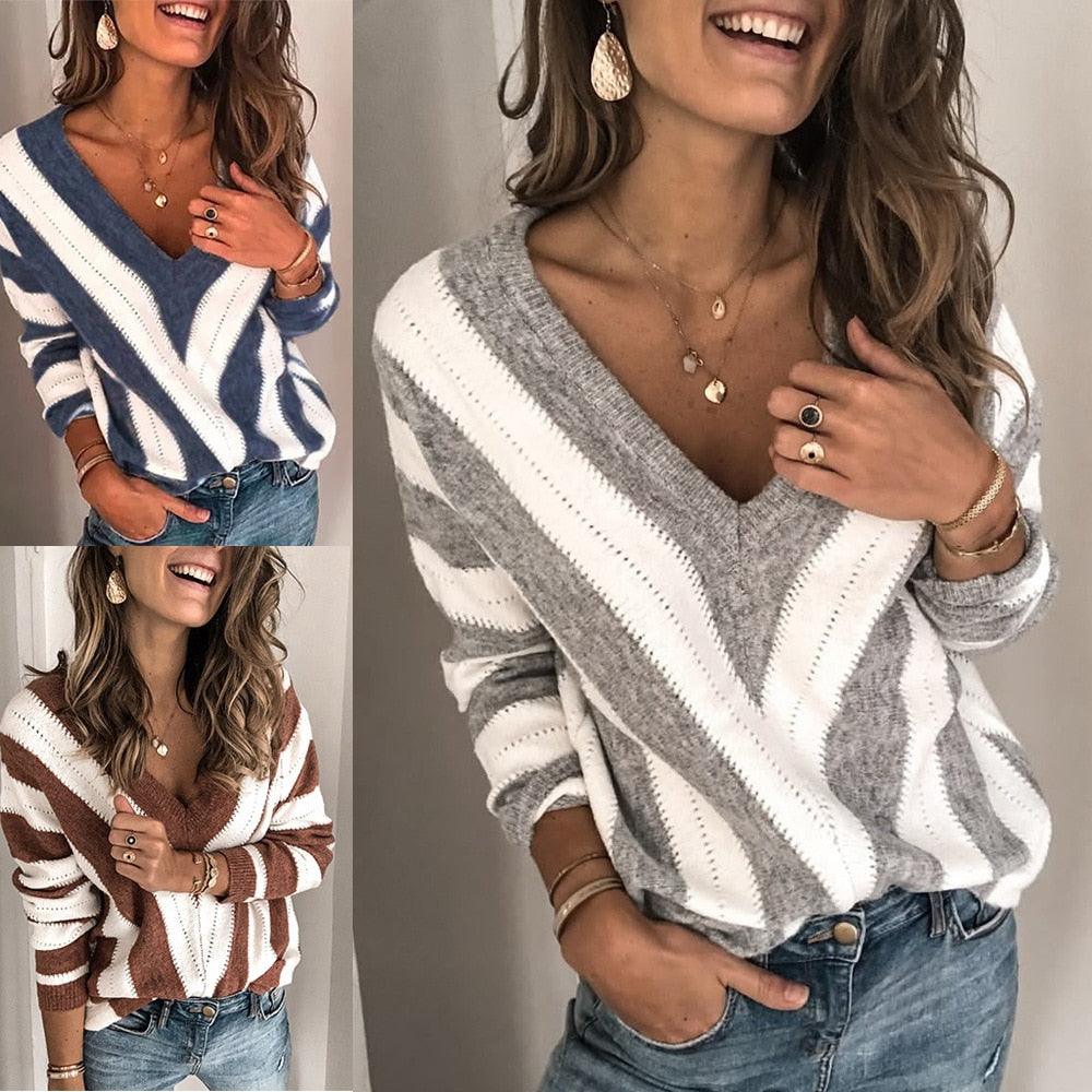 Gorgeous Women's Striped Sweater - V Neck Knitted Jumper - Women Knitted Sweaters & Pullovers (D23)(D20)(TB8C)(TP4)
