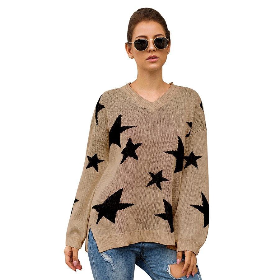 Gorgeous Women's Autumn Sweater - Pentagram Star Knit V Neck - Long Sleeve Loose Women Sweaters - Pullovers Tops (D23)(TB8C)