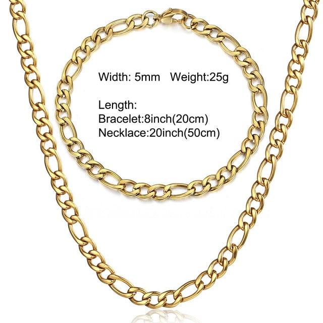 Womens Mens Jewelry Sets 5/7/9mm Stainless Steel Figaro Link Chain - Gold Silver Color Necklace Bracelet (2U83)