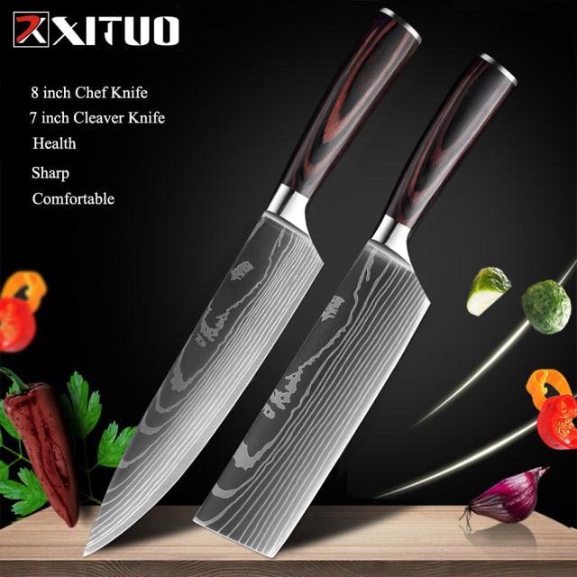 1-10 Pcs Set Kitchen Knives Stainless Steel Laser Damascus Pattern Chef Knife Sharp Cleaver Slicing Utility Knives (AK5)(1U61)