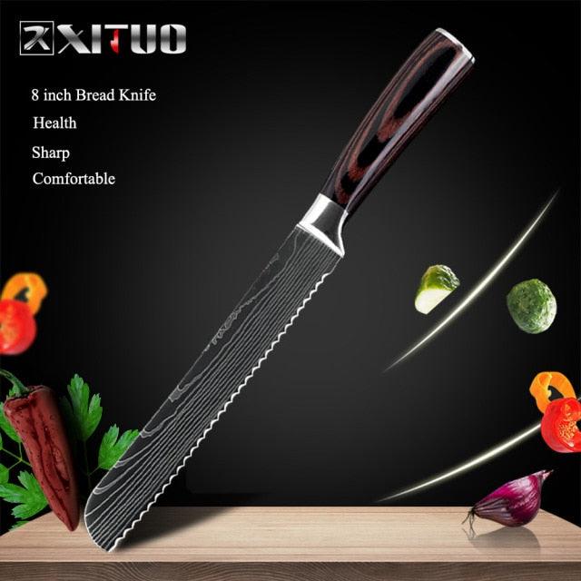 1-10 Pcs Set Kitchen Knives Stainless Steel Laser Damascus Pattern Chef Knife Sharp Cleaver Slicing Utility Knives (AK5)(1U61)