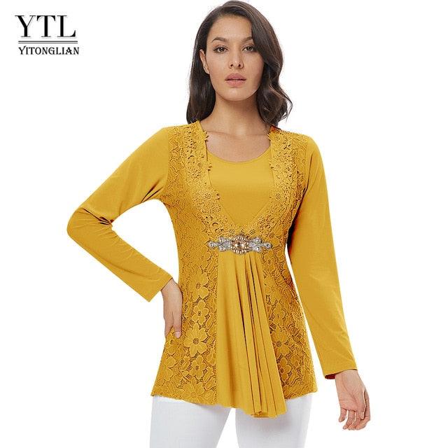 Ladies Golden Diamond Waist Decoration Slim Tunic Tops - Casual Party Long Sleeve Women Elegant Lace Floral Blouse (TB1)(BCD2)(F19)(F35)