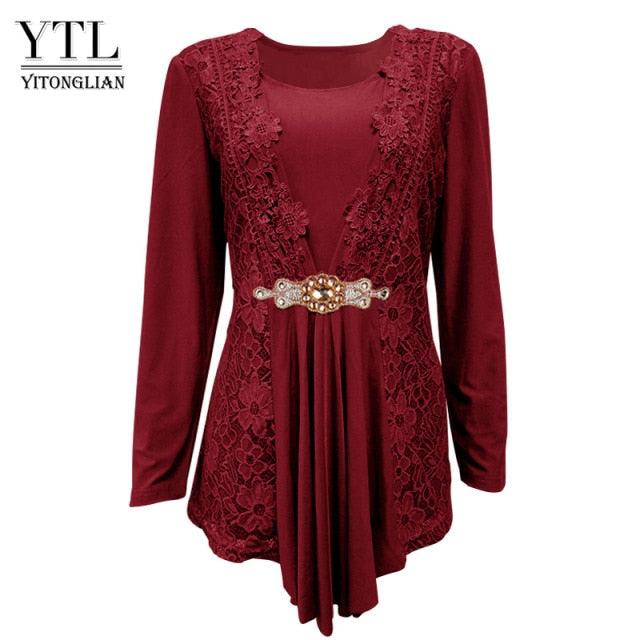 Gorgeous Plus Size Women Blouse - Vintage Spring Autumn Floral Crochet Lace Top - Cotton Long Sleeve Tunic Blouse (TB1)(BCD2)
