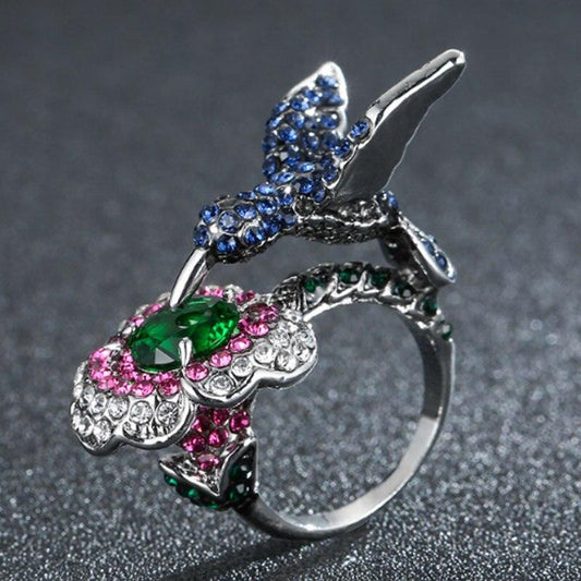 Cute Jewelry Green Cubic Zircon Enamel Birds Flower Rings - Women Party Gifts (7JW)(F81)