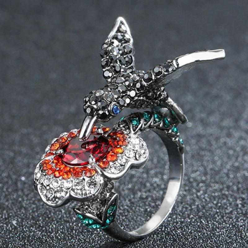 Cute Jewelry Green Cubic Zircon Enamel Birds Flower Rings - Women Party Gifts (7JW)(F81)