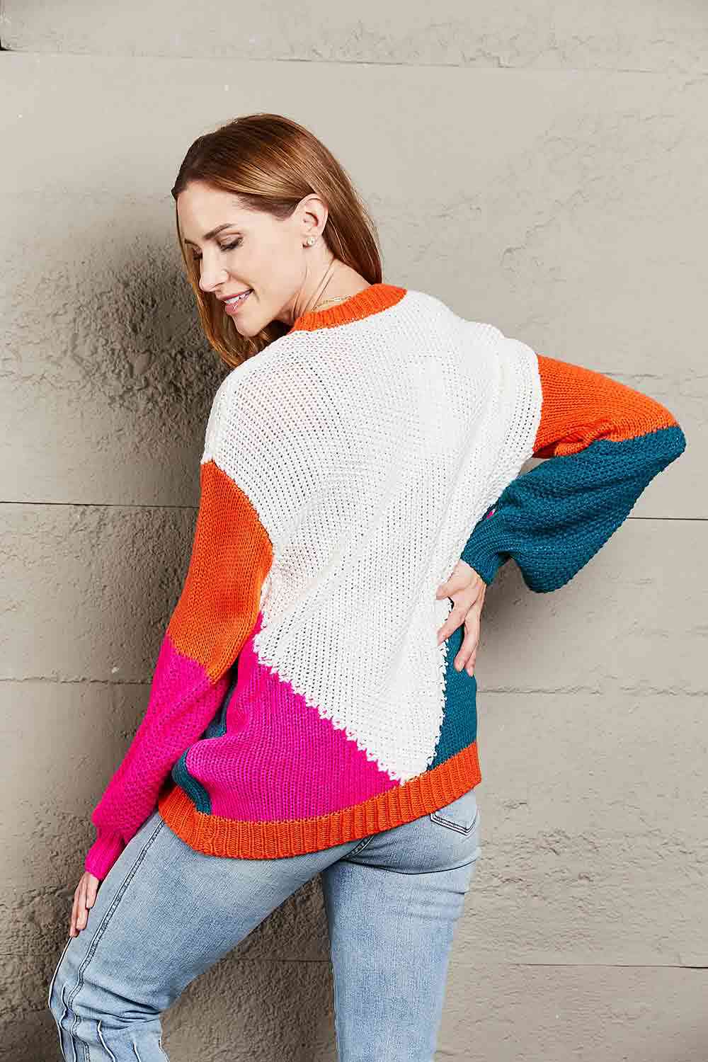 Double Take Color Block Round Neck Drop Shoulder Sweater - Deals DejaVu