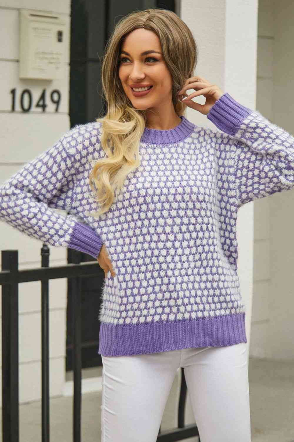 Printed Round Neck Dropped Shoulder Sweater - Deals DejaVu