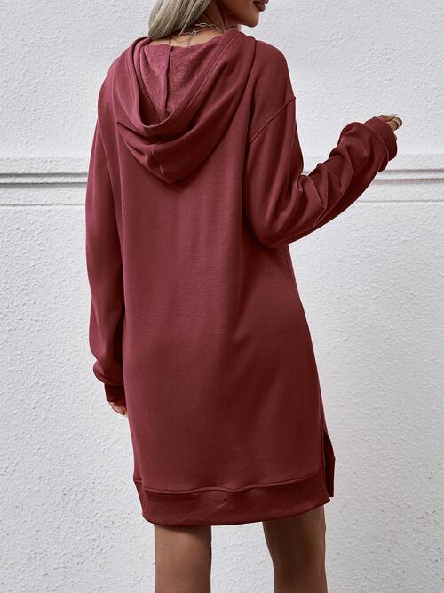 Slit Long Sleeve Hooded Dress with Pocket (MWBT) T - Deals DejaVu