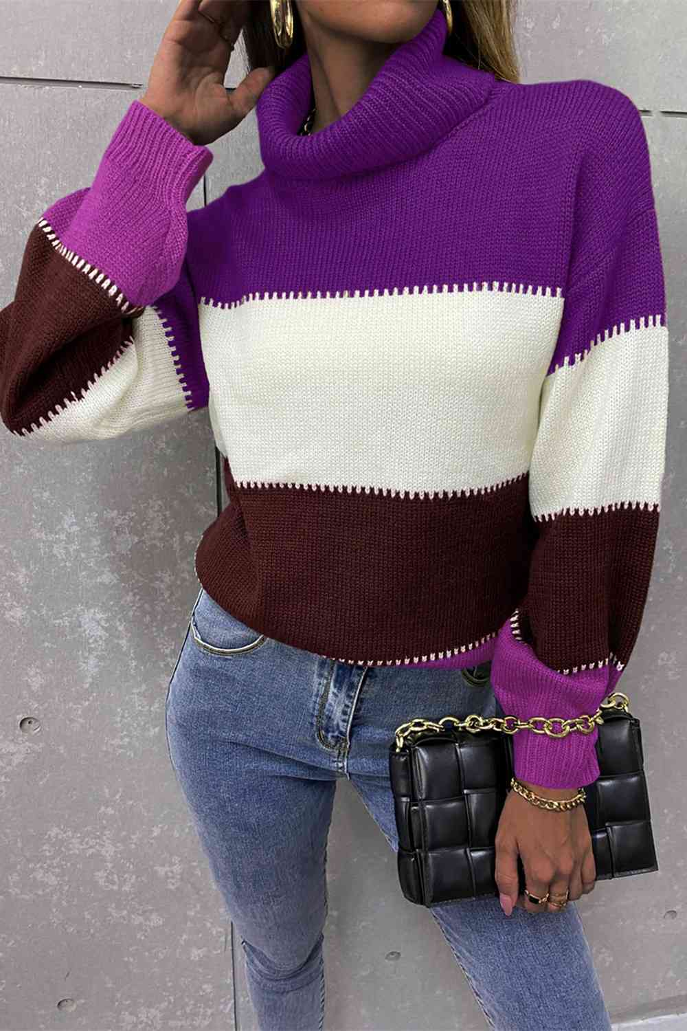 Color Block Lantern Sleeve Turtleneck Sweater - Deals DejaVu