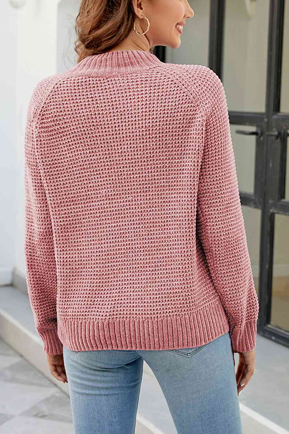 Waffle-Knit Round Neck Reglan Sleeve Sweater