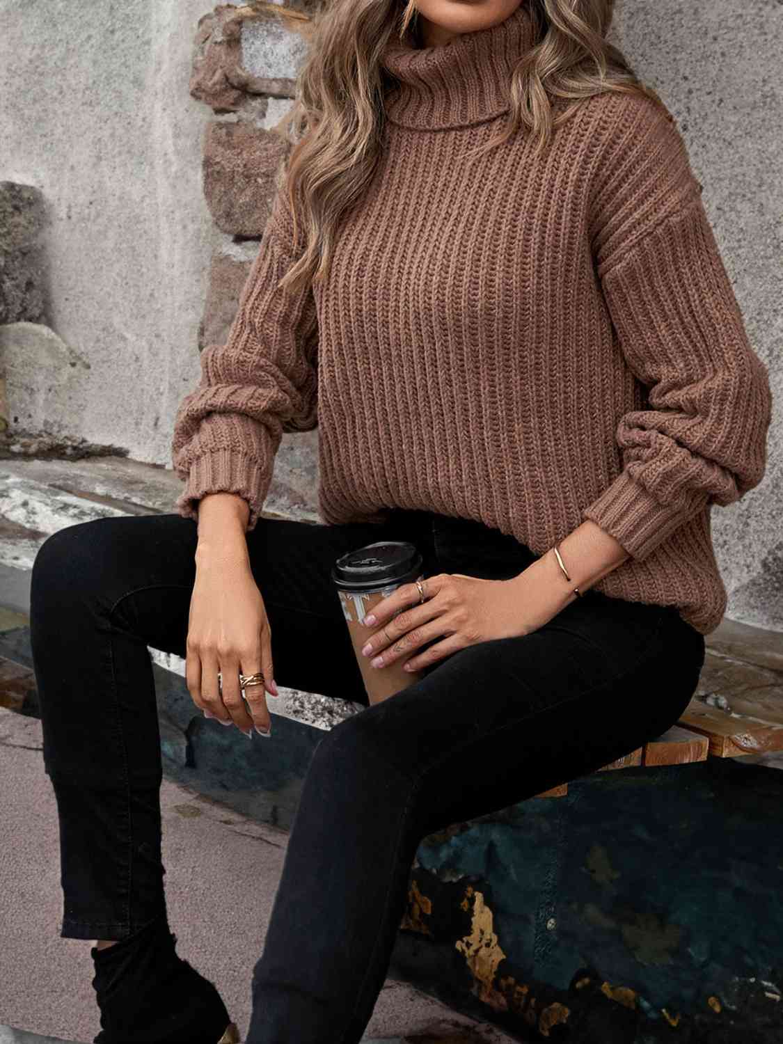 Turtleneck Rib-Knit Sweater - Deals DejaVu