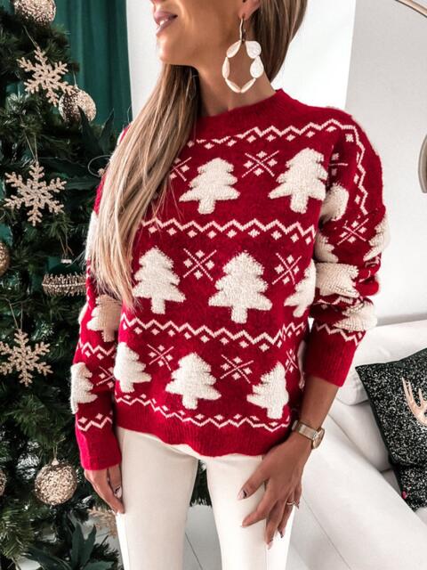 Christmas Tree Round Neck Sweater - Deals DejaVu