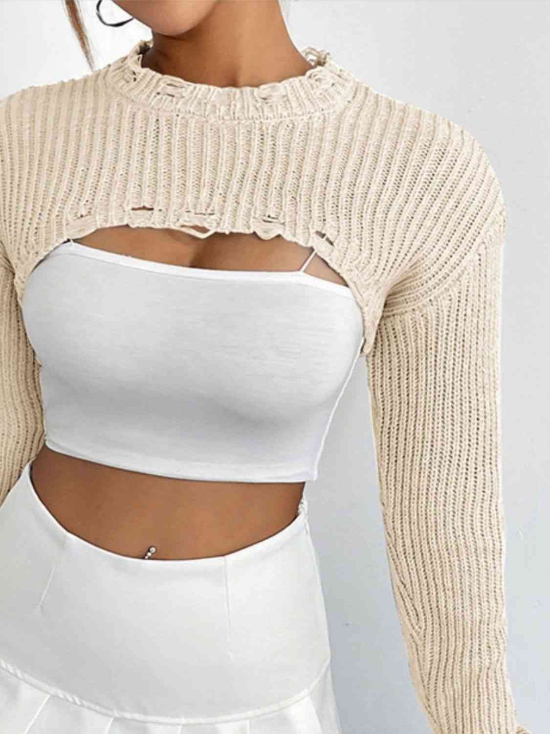 Distressed Long Sleeve Cropped Sweater - Deals DejaVu