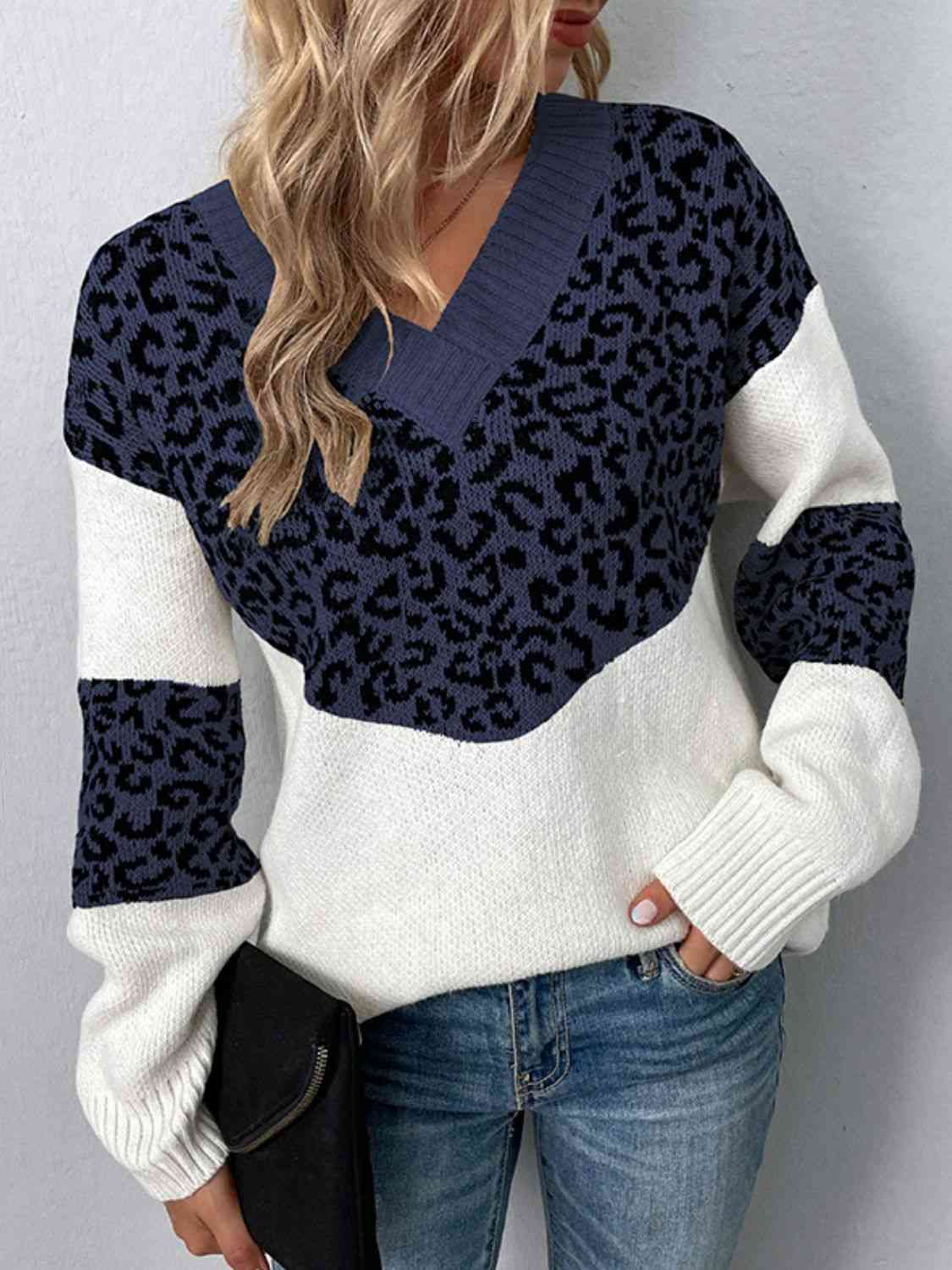 Leopard V-Neck Dropped Shoulder Sweater - Deals DejaVu