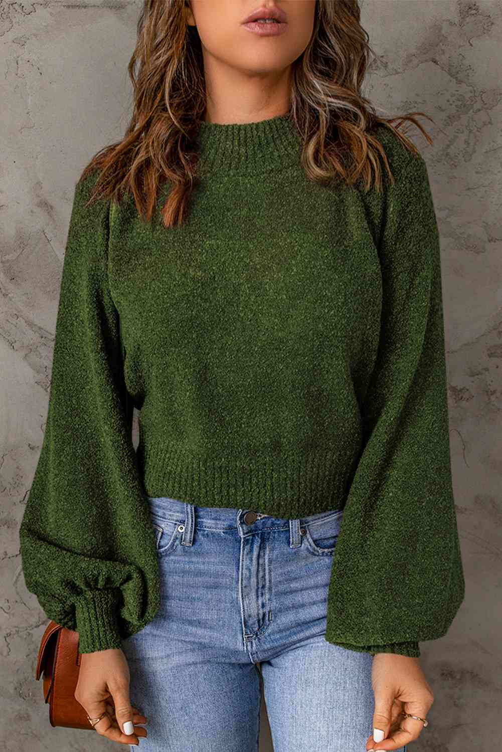 Ribbed Trim Balloon Sleeve Sweater - Deals DejaVu