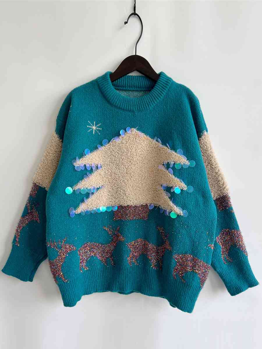 Sequin Christmas Tree & Reindeer Round Neck Sweater - Deals DejaVu