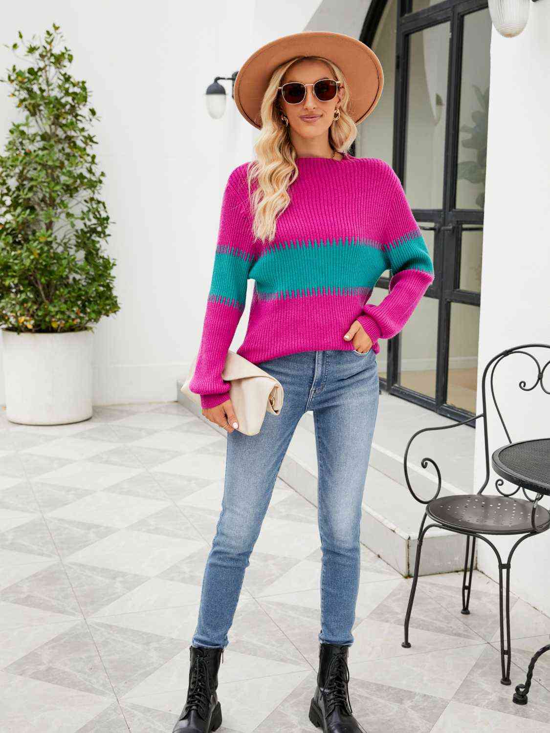 Contrast Round Neck Sweater - Deals DejaVu